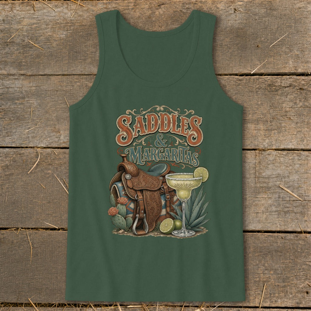 Green tank top with "Saddles & Margaritas" text, saddle, and margarita.