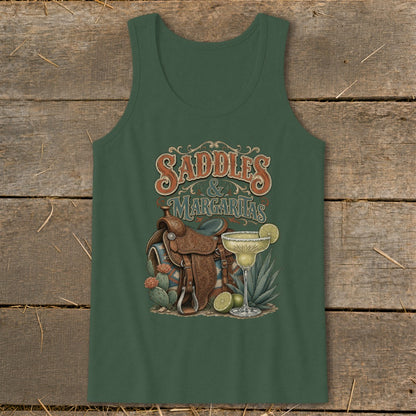Green tank top with "Saddles & Margaritas" text, saddle, and margarita.