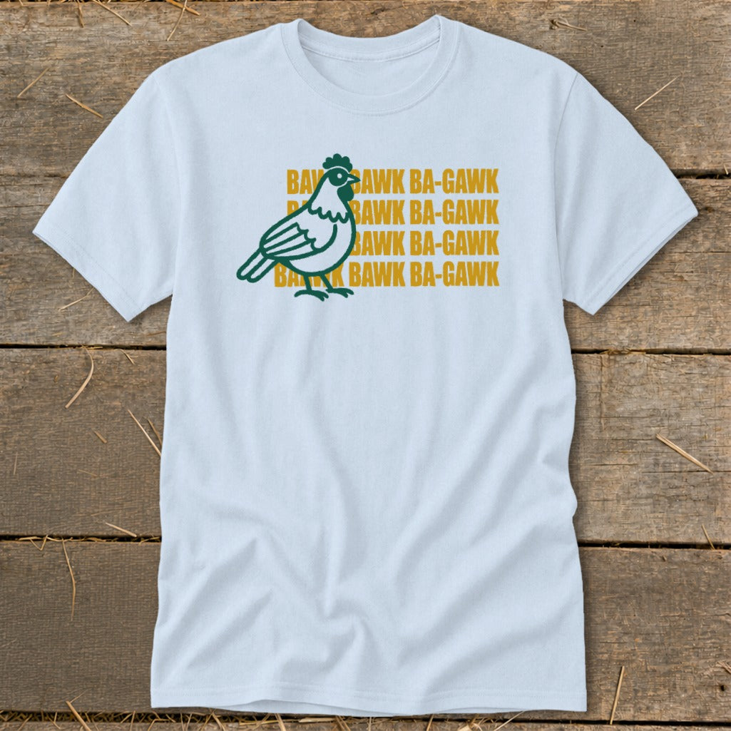 White t-shirt with a green chicken graphic and repeated text "BAWK BA-GAWK".
