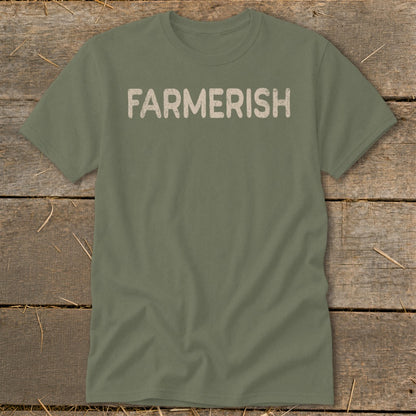 Olive green t-shirt with "FARMERISH" text in a distressed beige font.