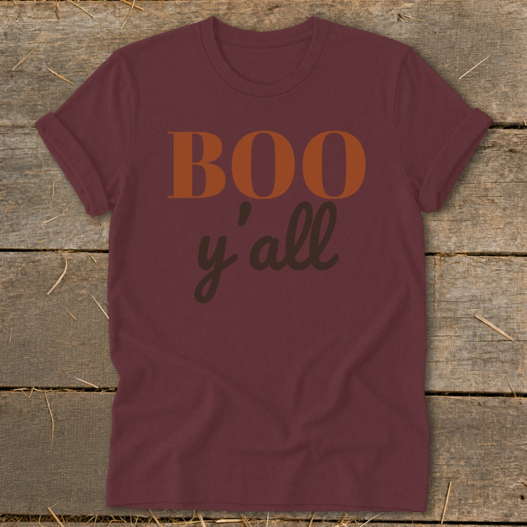 Maroon t-shirt with "BOO y'all" text in orange and brown.