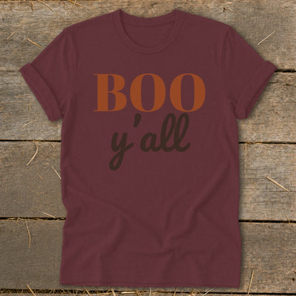 Maroon t-shirt with "BOO y'all" text in orange and brown.