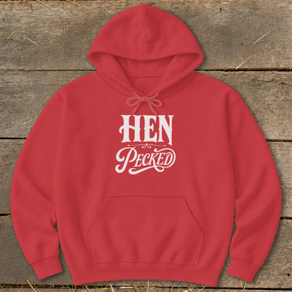 Red hoodie with white text "HEN Pecked" on chest.