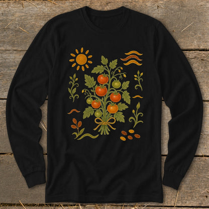 Black long-sleeve shirt with a botanical illustration of a tomato plant and sun.