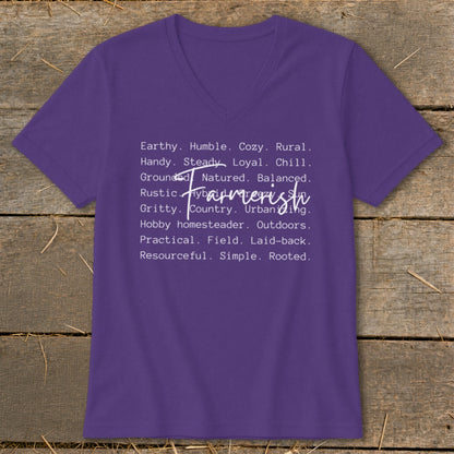 Purple V-neck t-shirt with "Farmerish" and descriptive words like "Earthy," "Rural," and "Resourceful."