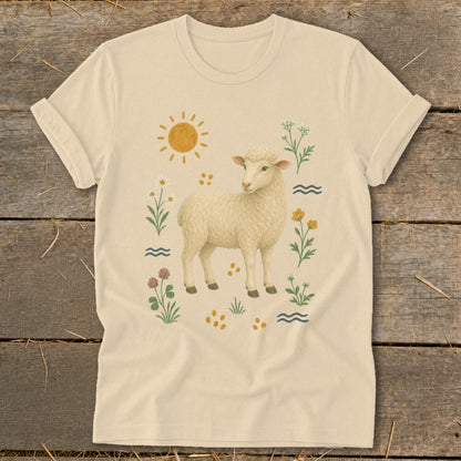 Cream t-shirt with a sheep illustration surrounded by flowers, sun, and waves.
