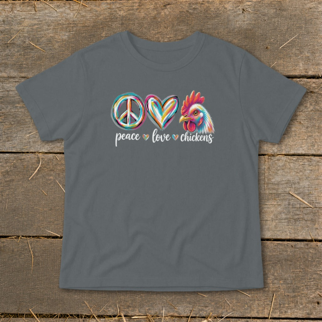 Gray t-shirt with peace, heart, and chicken graphic reading "peace love chickens".