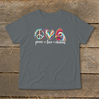 Gray t-shirt with peace, heart, and chicken graphic reading "peace love chickens".