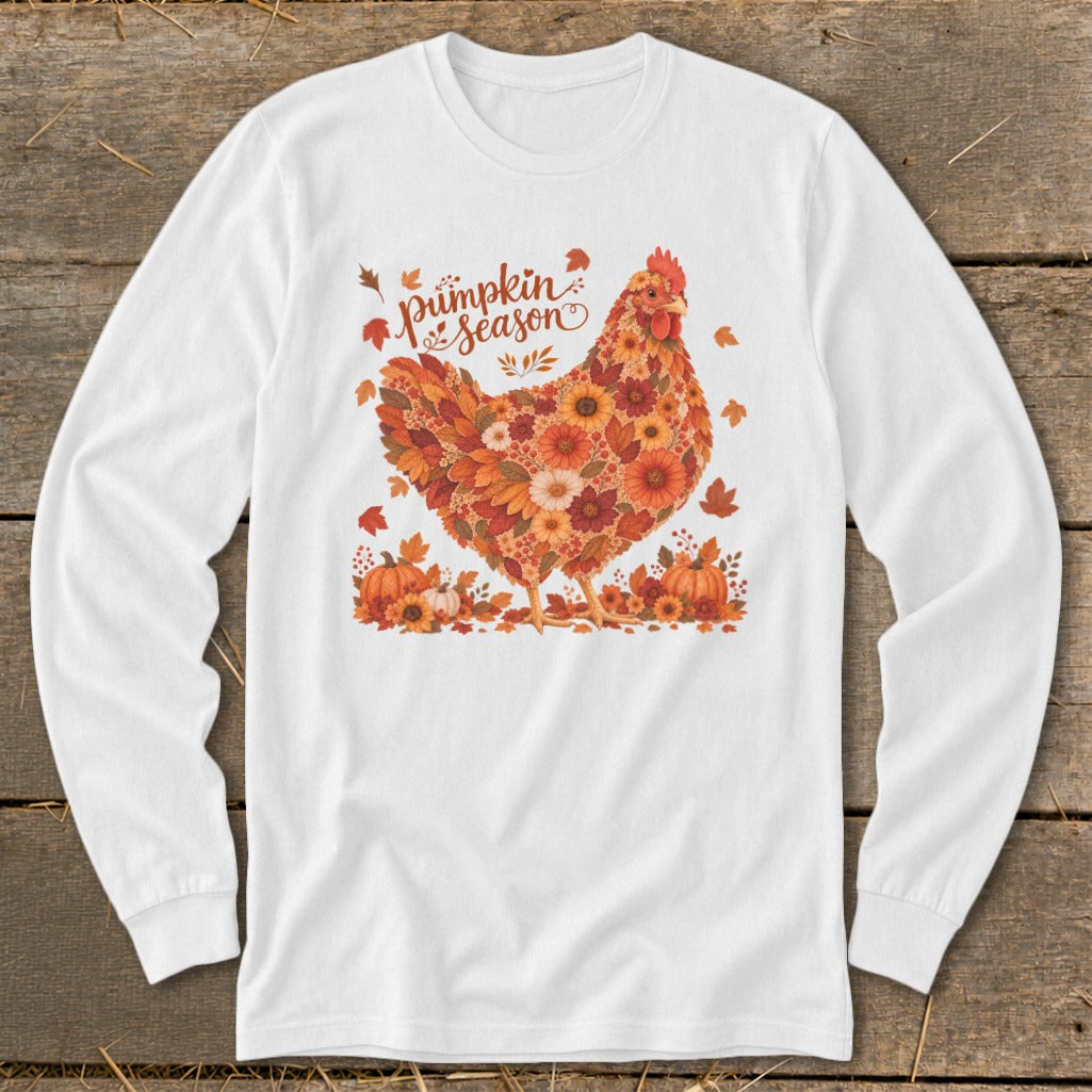 White long-sleeve shirt with a floral chicken and "pumpkin season" text.