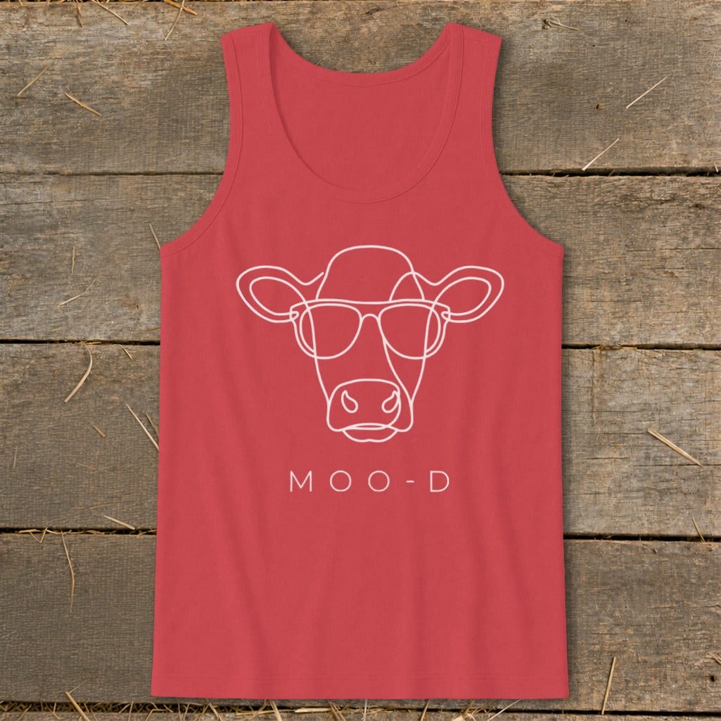 Red tank top with white line drawing of a cow wearing sunglasses and "MOO-D" text.
