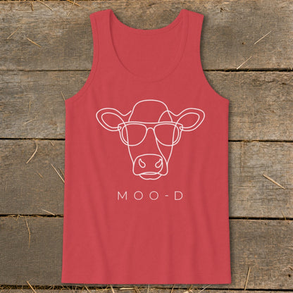 Red tank top with white line drawing of a cow wearing sunglasses and "MOO-D" text.
