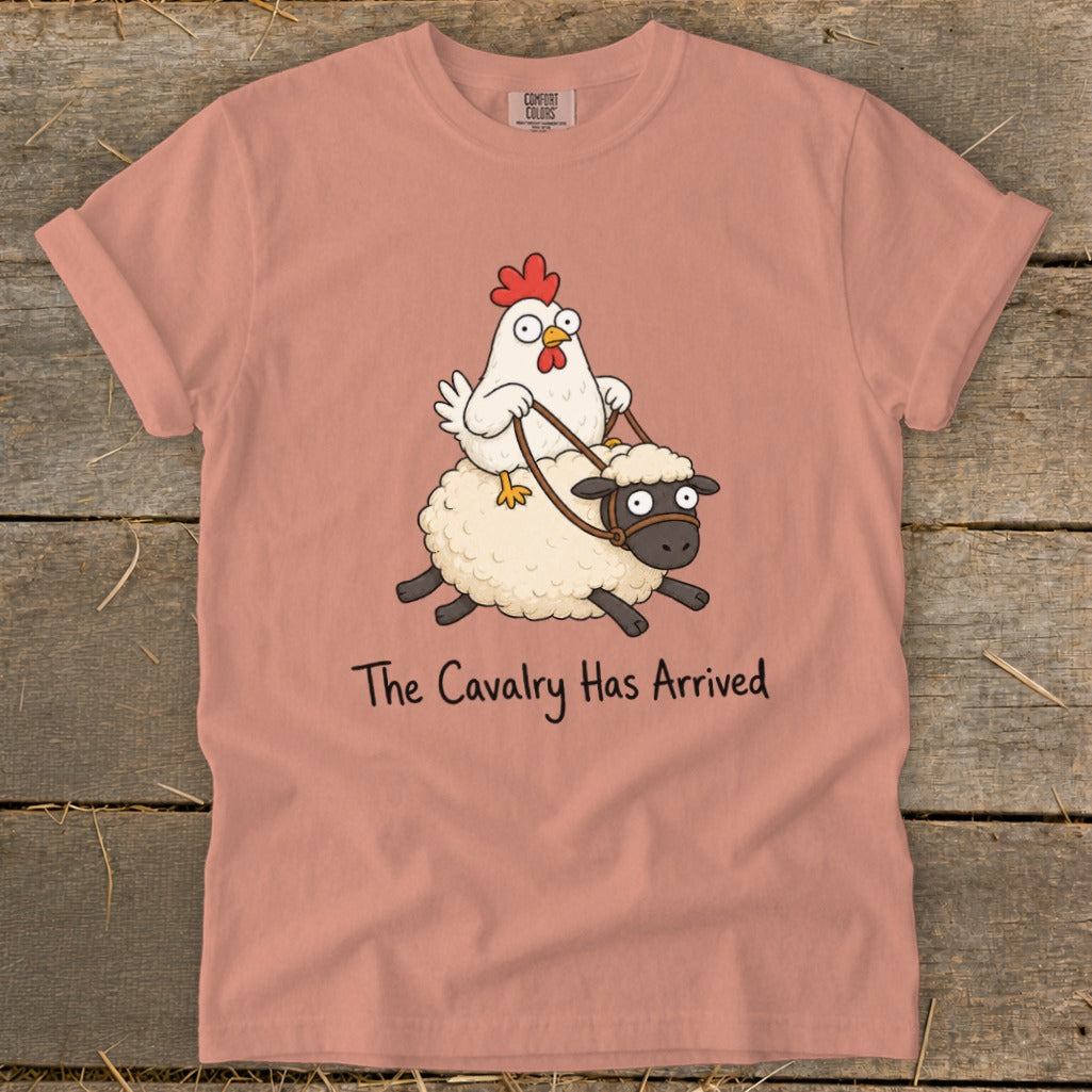 Chicken riding sheep with text "The Cavalry Has Arrived."