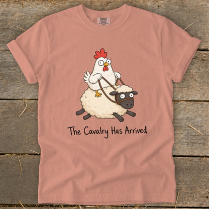 Chicken riding sheep with text "The Cavalry Has Arrived."