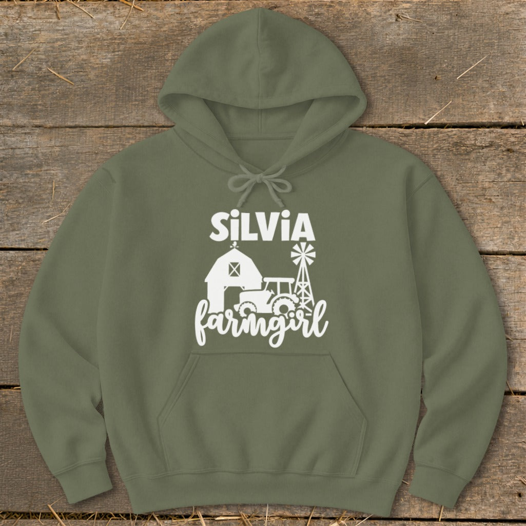 Olive green hoodie with "Silvia farmgirl" text and farm graphic.