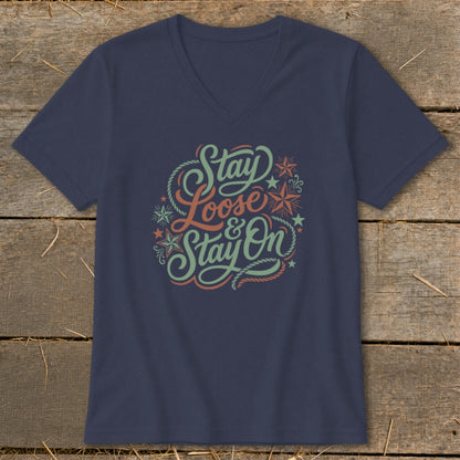 Navy v-neck t-shirt with "Stay Loose & Stay On" text and rope graphic.