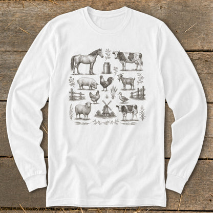 White long-sleeve shirt with a vintage farm animal illustration collage.