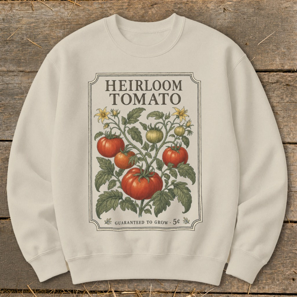 Cream sweatshirt with "Heirloom Tomato" seed packet design.