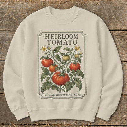 Cream sweatshirt with "Heirloom Tomato" seed packet design.