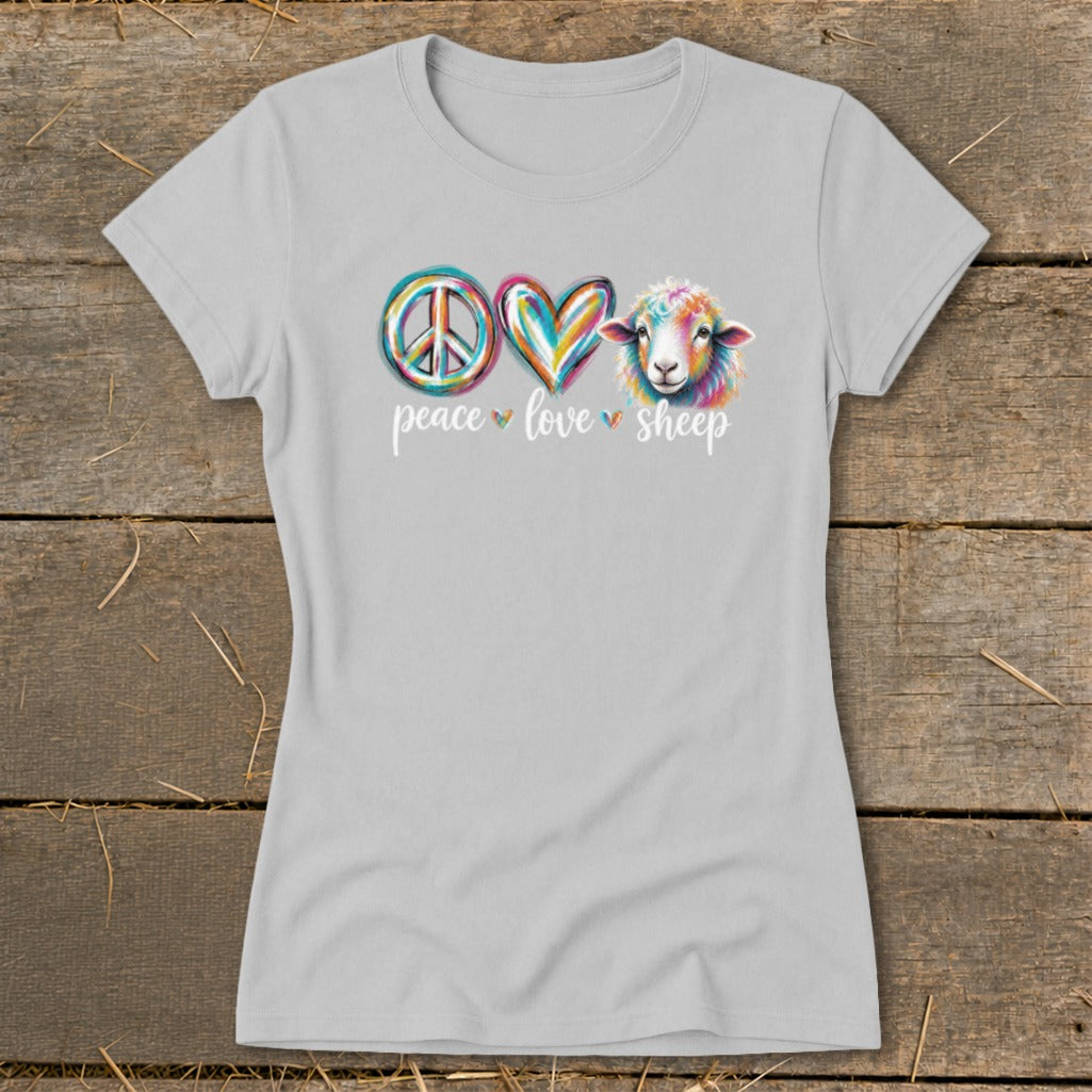 Light grey t-shirt with peace, heart, and sheep graphics and text.