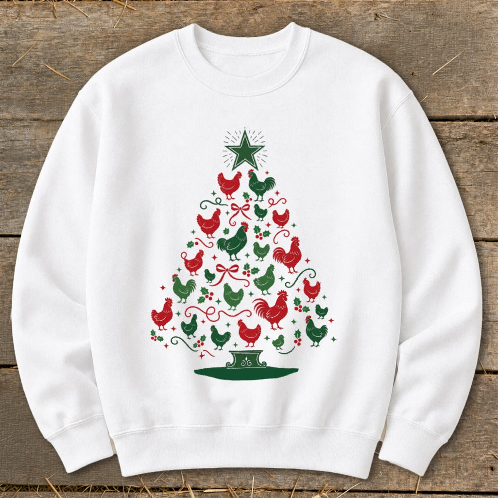 White sweatshirt with a Christmas tree made of red and green chickens.