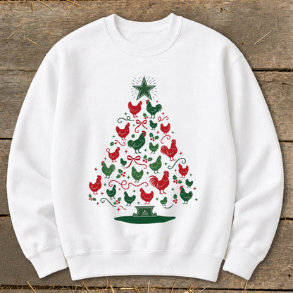 White sweatshirt with a Christmas tree made of red and green chickens.