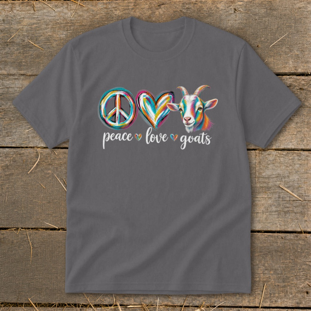 Peace, love, goats graphic on a gray t-shirt with colorful goat illustration.