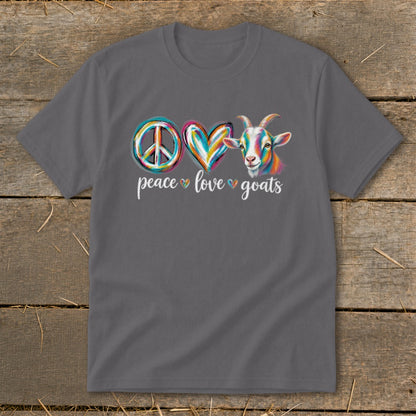 Peace, love, goats graphic on a gray t-shirt with colorful goat illustration.