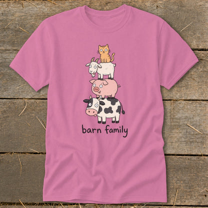 Pink t-shirt with a cow, pig, goat, and cat stacked with "barn family" text.
