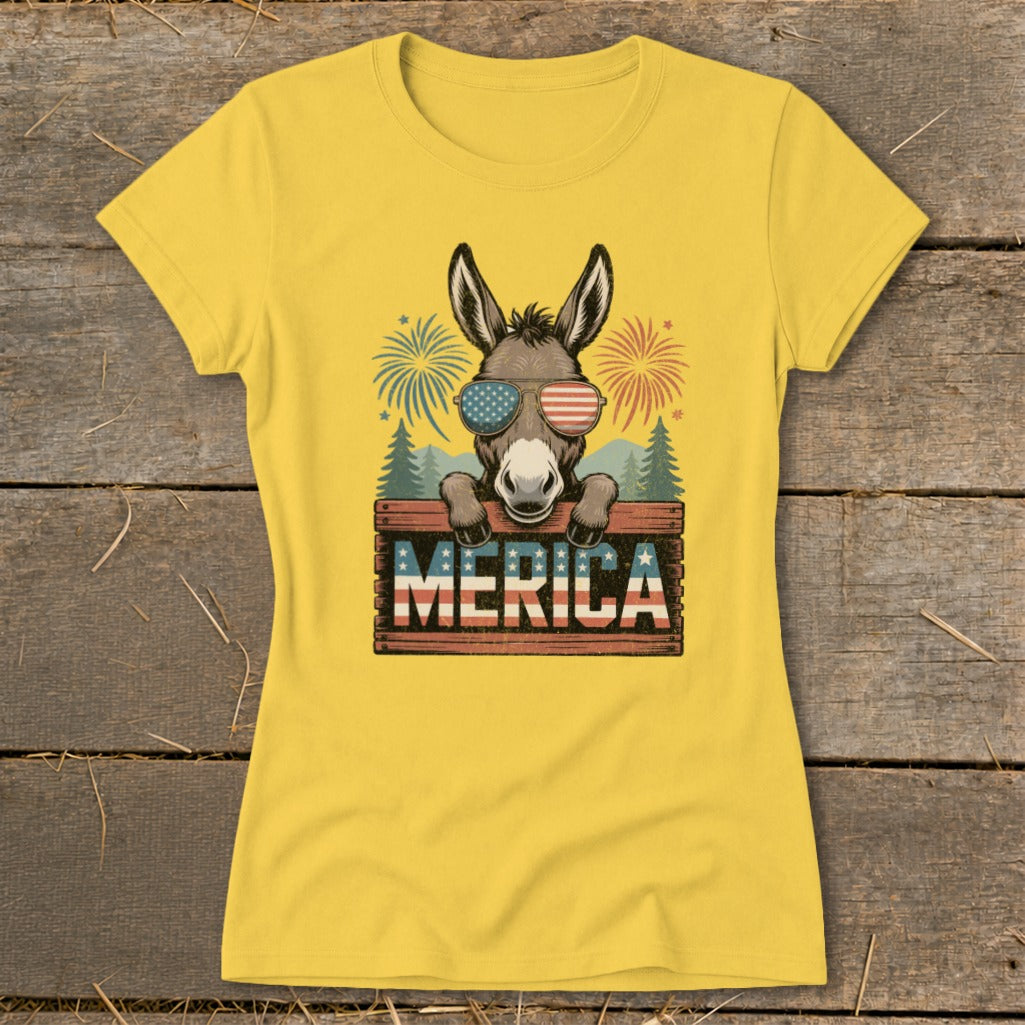 Donkey wearing American flag sunglasses above a "MERICA" sign with fireworks.