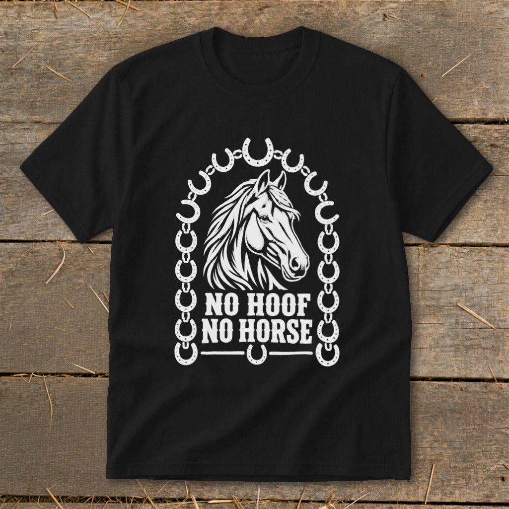 Black t-shirt with white horse head graphic and text "NO HOOF NO HORSE".