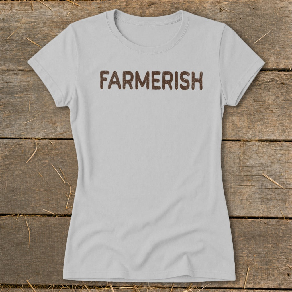 Light gray t-shirt with "FARMERISH" text in brown font.