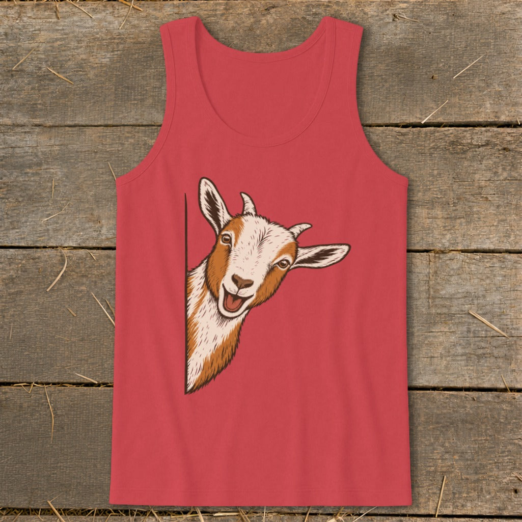 Red tank top with illustration of a curious goat peeking from the side.