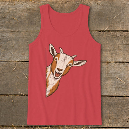 Red tank top with illustration of a curious goat peeking from the side.