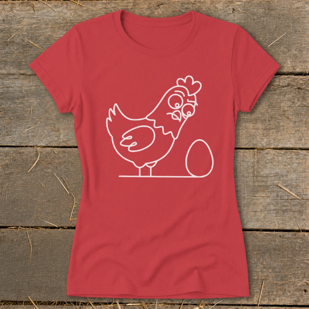 Red t-shirt with white outline of a surprised chicken next to an egg.