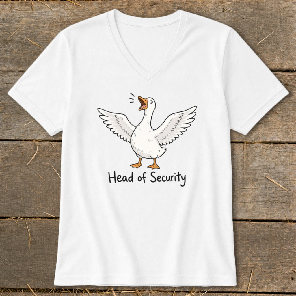 White v-neck t-shirt with a cartoon goose and text that reads "Head of Security".