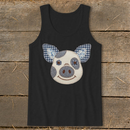 Black tank top with a stitched pig face applique featuring blue gingham ears.