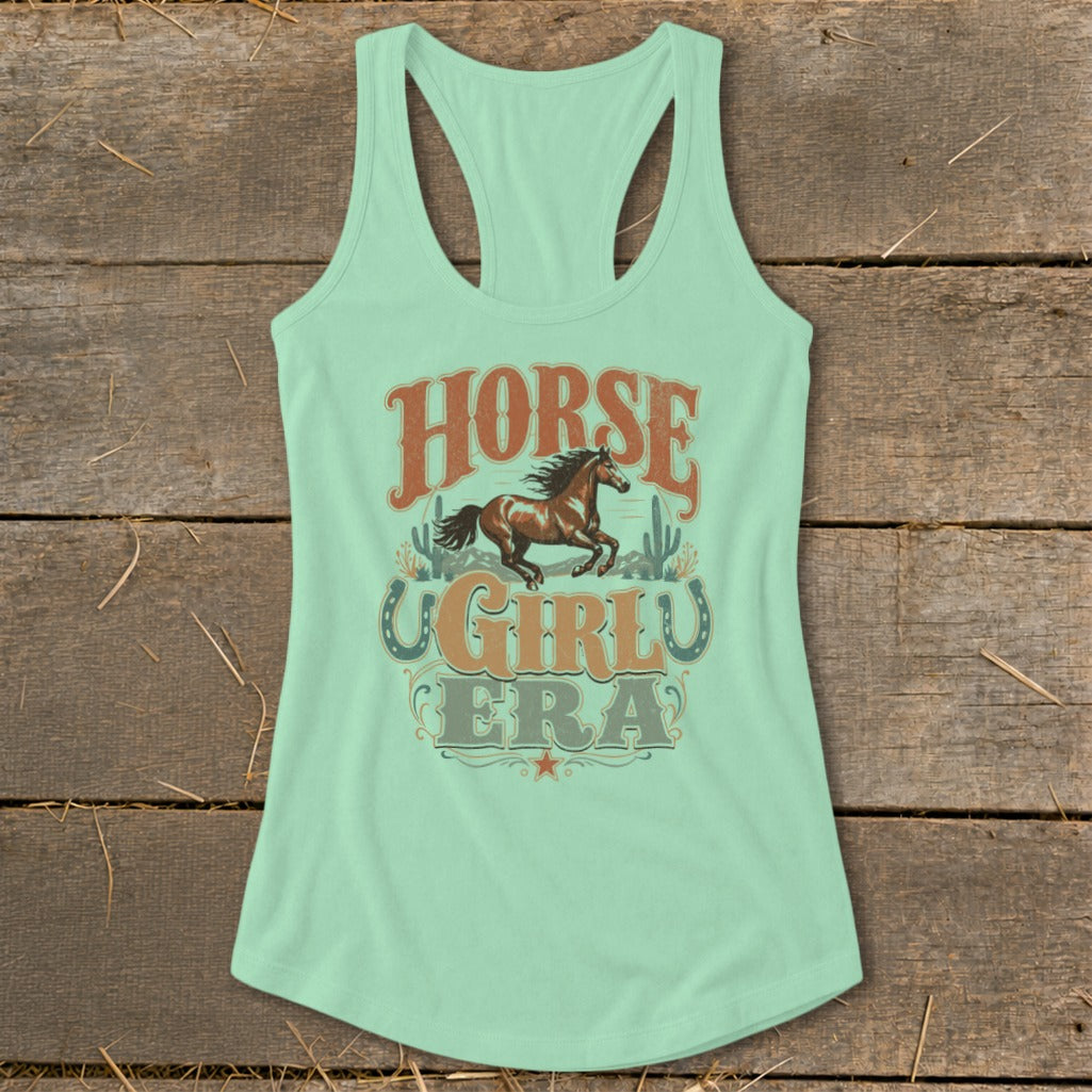 Light green tank top with "HORSE GIRLU ERA" text, running horse, and cacti graphic.