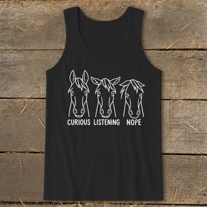 Black tank top featuring three white line drawings of horse heads with the captions "CURIOUS," "LISTENING," and "NOPE."