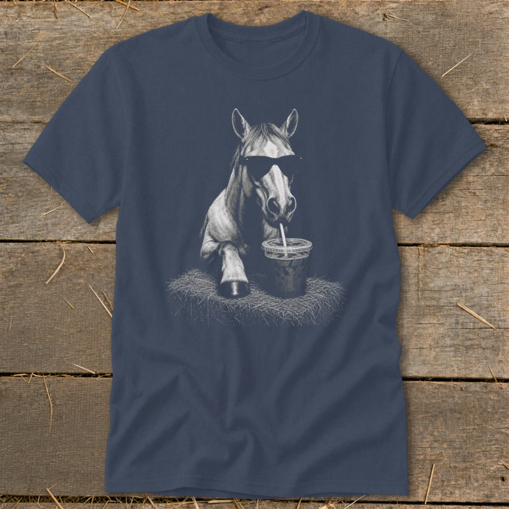 Horse with sunglasses drinking from a cup with a straw, printed on a navy t-shirt.