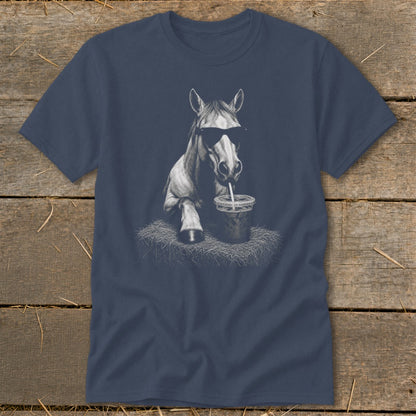 Horse with sunglasses drinking from a cup with a straw, printed on a navy t-shirt.