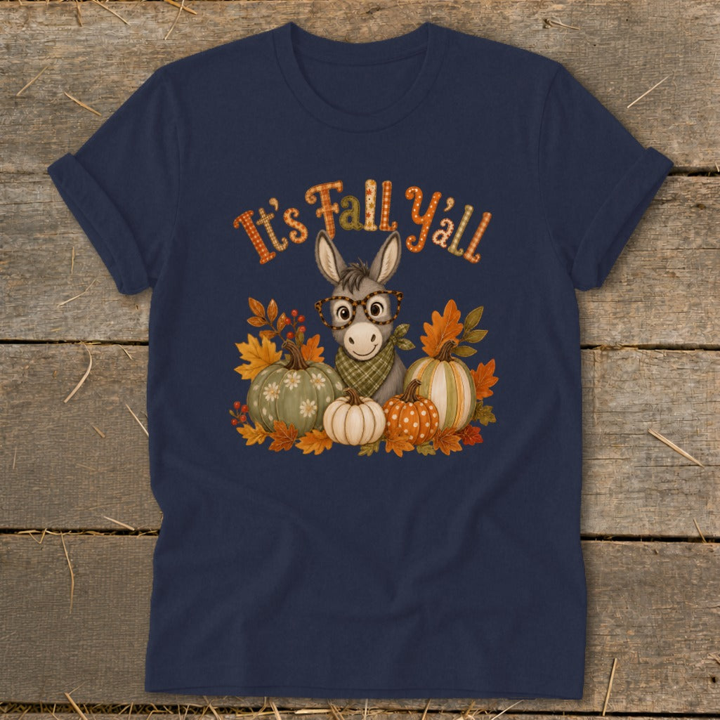 Navy t-shirt with a graphic of a donkey, pumpkins, and fall leaves. "It's Fall Y'all" text.