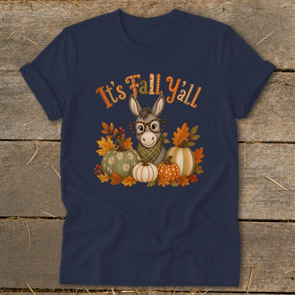 Navy t-shirt with a graphic of a donkey, pumpkins, and fall leaves. "It's Fall Y'all" text.