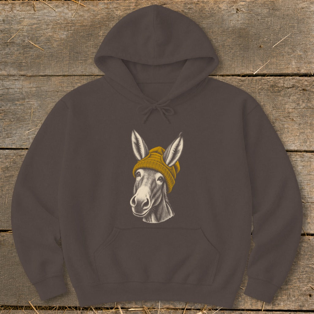 Brown hoodie with a charcoal sketch of a donkey wearing a yellow beanie.