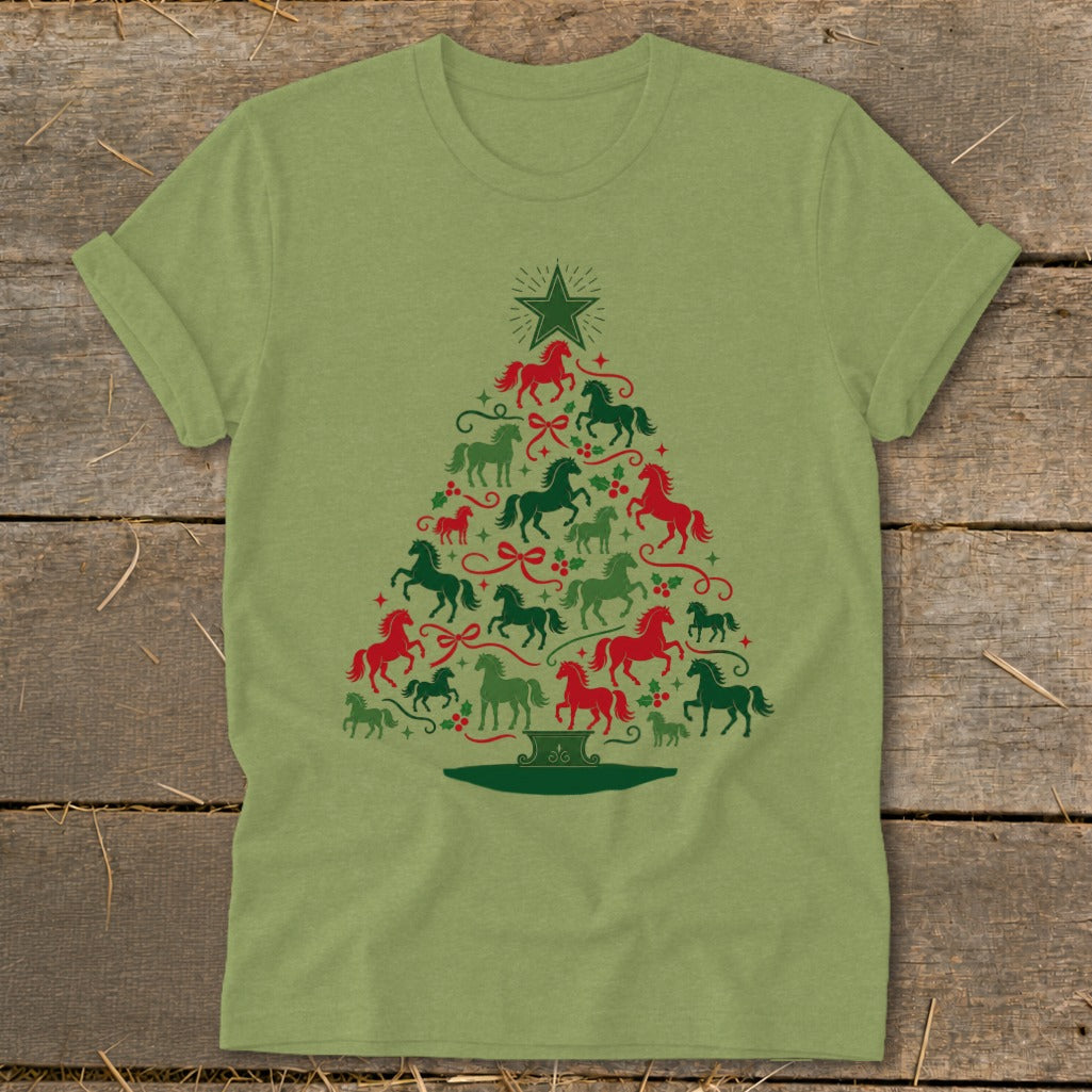 Light green t-shirt with a Christmas tree made of red and green horses.