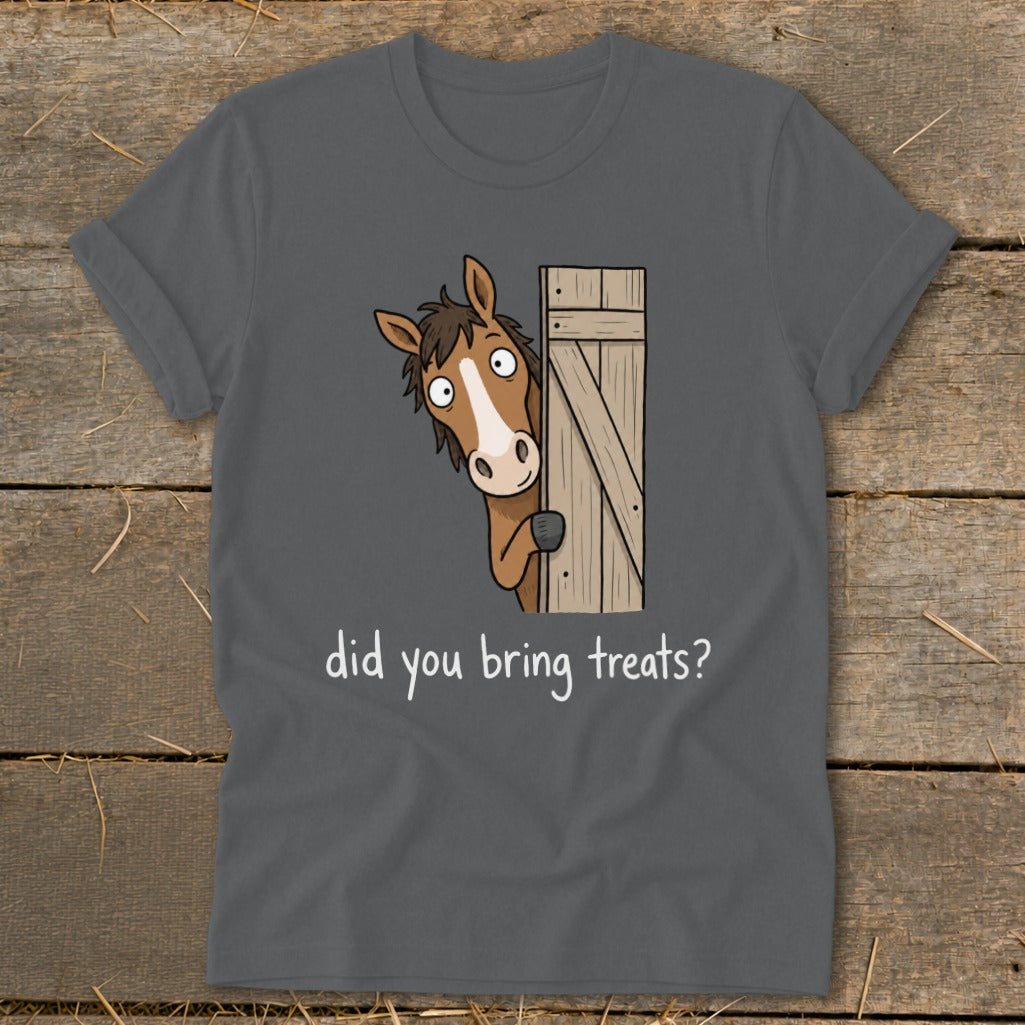 Dark gray t-shirt with cartoon horse peeking from wooden door, text "did you bring treats?".