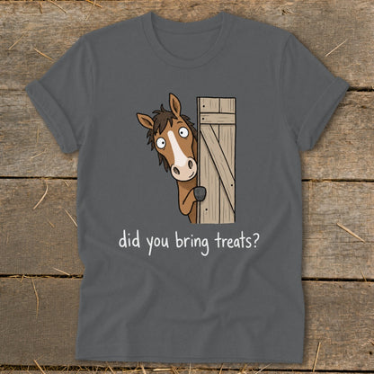 Dark gray t-shirt with cartoon horse peeking from wooden door, text "did you bring treats?".