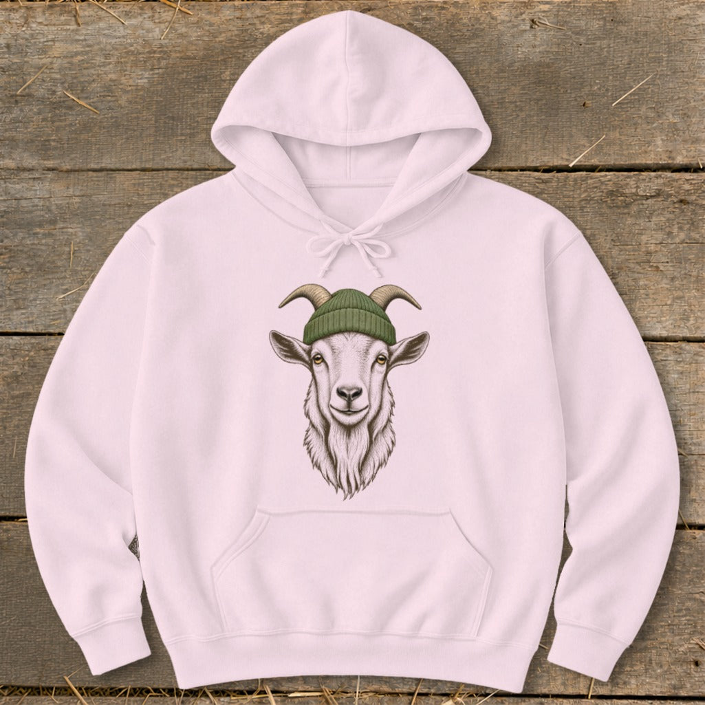 Pink hoodie with a drawing of a goat wearing a green beanie.