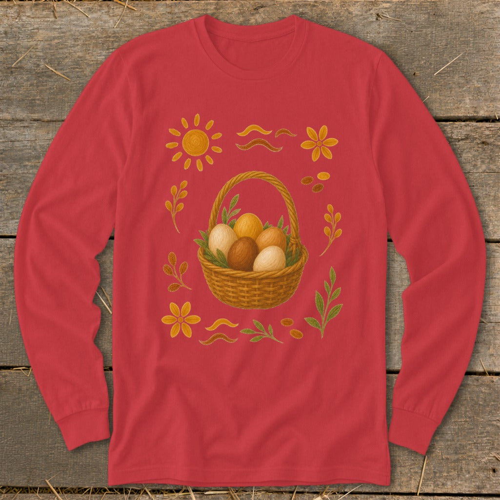 Red long-sleeve shirt with a woven basket of Easter eggs and floral graphics.