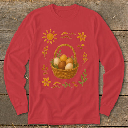 Red long-sleeve shirt with a woven basket of Easter eggs and floral graphics.