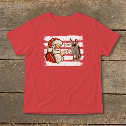 Santa boops a donkey's nose with the word "Boop" above it.